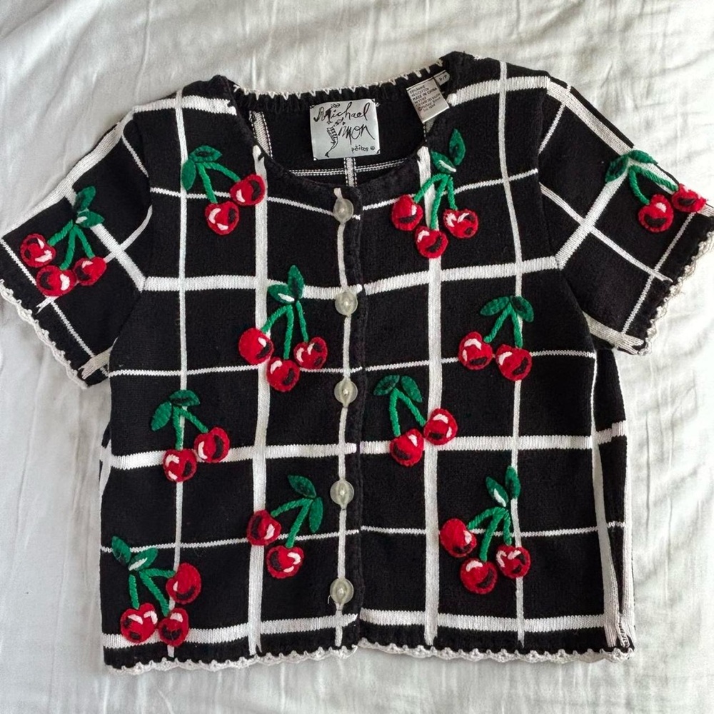 Michael Simon Black and White Button Down Shirt with Cherry Embroidery - Picture 1 of 3